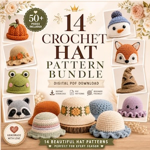 Crochet Hat Pattern Bundle 14 in 1, Beanie Bucket Fox Raccoon Octopus Hat PDF, Animal Hat Crochet Pattern, Instant Download, Beginner