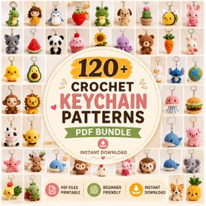 May include: A digital collection of 120+ crochet keychain patterns in a PDF bundle. The image displays a grid of various small, colorful crocheted figures including animals, fruits, and plants, each attached to a metal keychain ring.