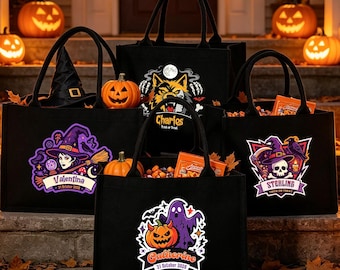 Personalized Halloween Treat Bag for Kids, Custom Name Trick or Treat Tote, Cute Candy Bag, Halloween Gift for Boys Girls, Your Logo