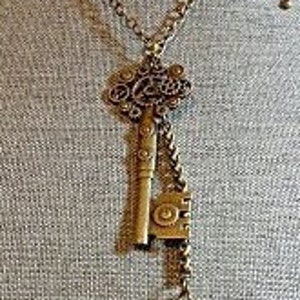 Bronze Charm Key Necklace, Multi Charm Jewelry, Boho Necklace, Key Pendant, Vintage Key Necklace, Steampunk Cosplay Necklace, Dark Academia