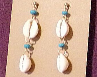 Cowrie Shell Earrings:The Earth Mother Series-Bronze heart/bird & dangle cowrie shell,Cowrie shell jewelry,Seashell earrings,Boho earrings