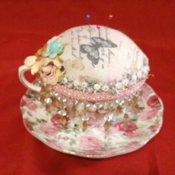 Tea Cup Pin Cushion, Victorian Inspired Pin Cushion, Sewing and Needlecraft, Quilting, Notions, Pin & Needle Accessories, Pincushions
