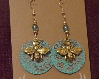 Boho Earrings: The Earth Mother Series-Patina design with bee charm, Boho earrings, Gift for her, BFF gift, Bee jewelry, Dangle earrings