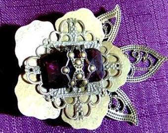 Bronze Purple Gem Bead Brooch, Art Pin, Victorian Brooch, Antique Brooch, Victorian Pin, Vintage Style Pin, Hat Pin, Sweater Pin, Flower Pin