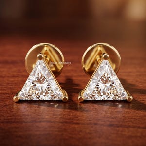 14K Solid Gold Lab-Grown Diamond Triangle Stud Earrings, Trillion Cut Lab-Created Diamond Studs Everyday Jewelry