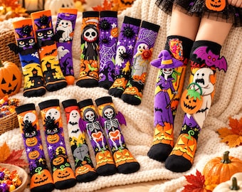 Girls Halloween Knee High Socks, Kids Spooky Socks, Pumpkin Ghost Skeleton Witch Socks, Trick or Treat Costume Accessory