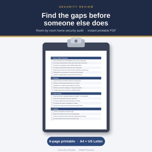 May include: A dark blue clipboard holding a white document titled Security Review, Find the gaps before someone else does, Room-by-room home security audit, instant printable PDF. The document lists sections for Doors, Windows, Locks, and Lighting.