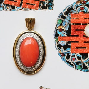 Mother&#39;s Day- Solid 18K Gold Coral Pendant with Diamond