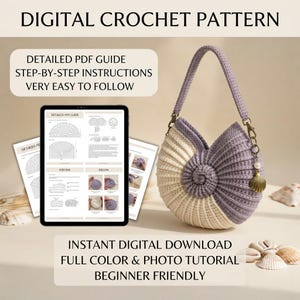 May include: A digital crochet pattern for a seashell-shaped handbag. The image displays a tablet showing a detailed PDF guide with step-by-step instructions, alongside a finished lavender and cream crocheted bag with a shell charm.