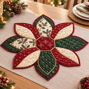 May include: A quilted fabric placemat shaped like a flower with eight petals. The design features alternating sections of dark red, forest green, and cream fabric with holly, berry, and gold snowflake patterns, centred by a dark red hexagon.