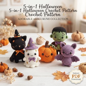 Op de afbeelding: Een collectie van vijf gehaakte amigurumi-figuren, waaronder een zwarte kat met een heksenhoed, een witte geest met een paarse hoed, een groen monster, een oranje pompoen en een paarse vleermuis. Tekst: 5-in-1 Halloween Crochet Pattern.