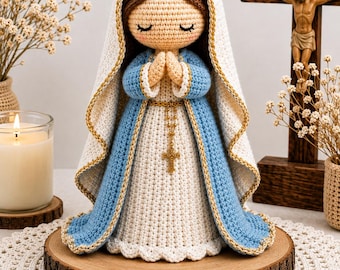 Schema per realizzare all'uncinetto la Vergine Maria in stile amigurumi, bambolina di preghiera (PDF), artigianato religioso (download immediato)