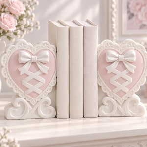 May include: A pair of bookends featuring a heart-shaped design in pale pink and white. Each piece displays a central white bow with crisscross ribbon detailing, surrounded by a scalloped lace-like border and a decorative scroll base.
