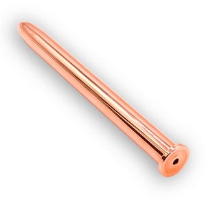 May include: A smooth, cylindrical rose gold-colored metal object with a rounded, tapered tip at one end and a flat, circular base at the other. The base features a small, centered circular opening, and the entire surface has a polished finish.