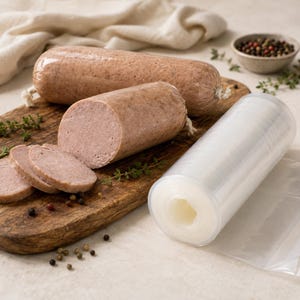 Può includere: Due salsicce cilindriche dalla consistenza marrone chiaro e punteggiata, una intera e una parzialmente affettata in tre rondelle, accanto a un rotolo di pellicola trasparente per sottovuoto, il tutto disposto su un tagliere di legno con grani di pepe.