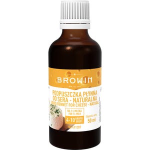 May include: A brown glass bottle of Browin liquid rennet for cheese with a white cap. The label features a yellow cheese-patterned background, the text "PODPUSZCZKA PŁYNNA DO SERA - NATURALNA", "LIQUID RENNET FOR CHEESE - NATURAL", and "50 ml".