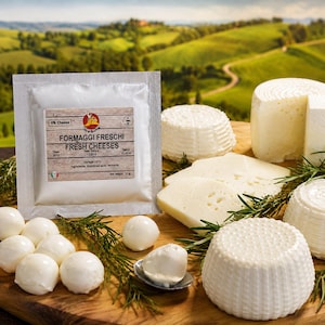 May include: A white packet labelled Vik Cheese Formaggi Freschi Fresh Cheeses with a net weight of 10 gr, displayed alongside various round white cheeses, sliced cheese, and sprigs of fresh green rosemary on a wooden surface.