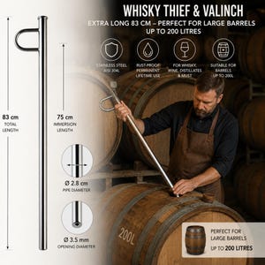 May include: A stainless steel whisky thief and valinch with a total length of 83 cm, an immersion length of 75 cm, a pipe diameter of 2.8 cm, and an opening diameter of 3.5 mm. The tool is designed for use with barrels up to 200 liters in capacity.