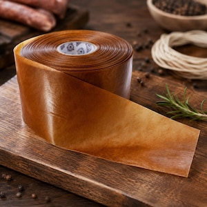 May include: A roll of translucent, amber-colored collagen casing tape with a smooth, glossy finish. The tape is wound tightly around a central cardboard core, with a single strip extending outward, showcasing its flexible and thin material composition.