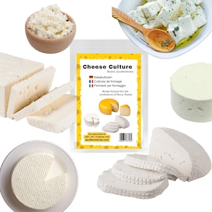 Peut inclure: Un sachet de ferments pour fromage de la marque alcofermbrew avec des images de fromages, entouré de bols de caillé blanc, de feta en cubes dans l'huile avec une cuillère en bois, d'un fromage blanc rond et de blocs de fromage blanc tranchés.