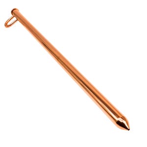 May include: A polished copper-colored metal tool with a long, slender, tapered cylindrical body and a pointed tip. The opposite end features a small, rounded loop attached to the side, providing a secure point for hanging or handling the object.