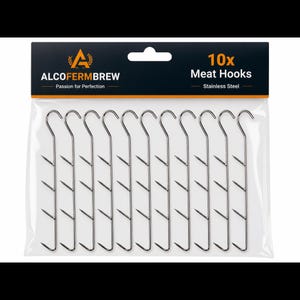 Könnte beinhalten: Eine Packung mit 10 Fleischhaken aus Edelstahl in einem durchsichtigen Plastikbeutel. Die schwarze Kopfkarte zeigt das AlcoFermBrew-Logo, den Text 10x Meat Hooks und den Text Stainless Steel. Jeder Haken hat eine Öse und drei weitere Spitzen.
