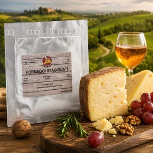 Könnte beinhalten: Ein silberner Folienbeutel mit der Aufschrift Vik Cheese Formaggi Stagionati und 10g Nettogewicht, begleitet von einem Stück gereiftem Käse, einem Glas bernsteinfarbener Flüssigkeit, Walnüssen, Rosmarinzweigen und roten Trauben auf einem Holzbrett.