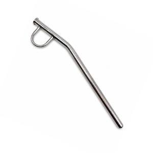 May include: A polished silver-colored metal straw featuring a bent upper section and a small, circular ring attachment near the top opening. The straw has a smooth, reflective surface and a cylindrical shape that tapers slightly at the end.