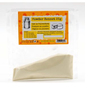 May include: A clear plastic pouch containing 25g of white powder rennet. The orange label features a milk can and cheese wheel illustration, with text reading Powder Rennet 25g, dosage instructions, and a barcode at the bottom edge.