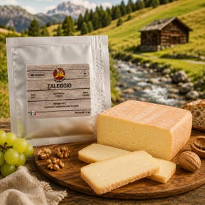 Könnte beinhalten: Eine weiße Packung mit der Aufschrift Vik Cheese Taleggio mit 10 g Nettogewicht, daneben ein Block hellgelber Taleggio-Käse, zwei Scheiben, grüne Weintrauben und Walnüsse auf einem Holzbrett. Das Etikett gibt als Inhaltsstoffe lyophilisierte Milchsäurebakterien an.