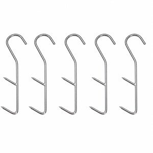 Könnte beinhalten: Ein Set aus fünf silberfarbenen Metallhaken, jeder mit einem gebogenen oberen Haken, einem geraden vertikalen Schaft und zwei scharfen, nach außen gerichteten Zinken auf verschiedenen Ebenen zum sicheren Aufhängen von Gegenständen.