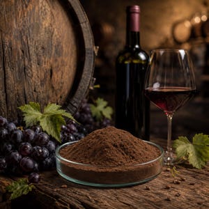 Pode incluir: Um prato de vidro transparente cheio de um monte de pó castanho escuro, posicionado ao lado de um cacho de uvas roxas com folhas verdes, uma garrafa de vinho de vidro escuro e um copo com vinho tinto em frente a um barril de madeira.