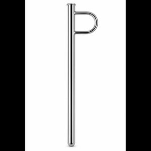 May include: A polished silver-colored metal drinking straw featuring a curved, semi-circular handle attached near the top. The straw has a smooth, reflective surface and a cylindrical shape with a rounded bottom end and a flanged opening at the top.
