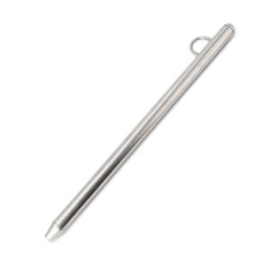 May include: A long, slender, cylindrical metal tool with a polished silver finish. The object features a pointed, conical tip at one end and a small, circular metal loop attached near the opposite rounded end, creating a sleek, uniform appearance.