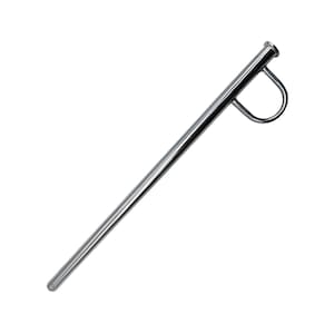May include: A silver-colored metal tent stake featuring a long, straight cylindrical shaft with a rounded tip at the bottom and a circular loop handle attached near the top end. The surface of the stake is smooth, reflective, and metallic.