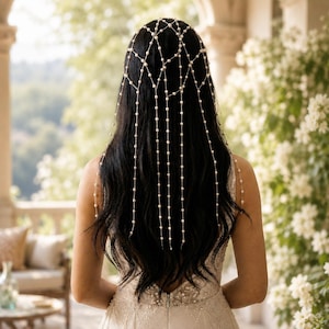 Pearl Tassel Headpiece, Draped Hair Chain, Bridal Hair Jewelry, Wedding Veil Accessory, Statement headband