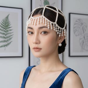 Modern Pearl Headpiece | Freshwater Bridal Hair Jewelry | Festival Beaded Head Chain