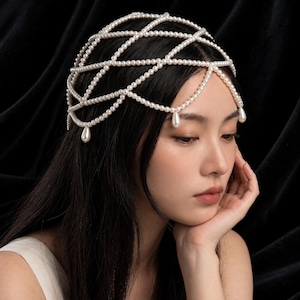 Delicate Pearl Headpiece | Bridal Hair Jewelry | Silver Forehead Chain | Wedding Head Accessory