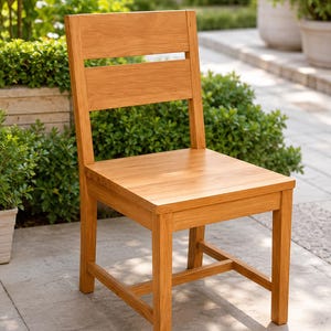 May include: A light brown wooden chair featuring a square seat, four straight legs, and a backrest composed of two horizontal slats. The chair has a smooth, natural wood grain finish and a sturdy frame with connecting support bars between the legs.