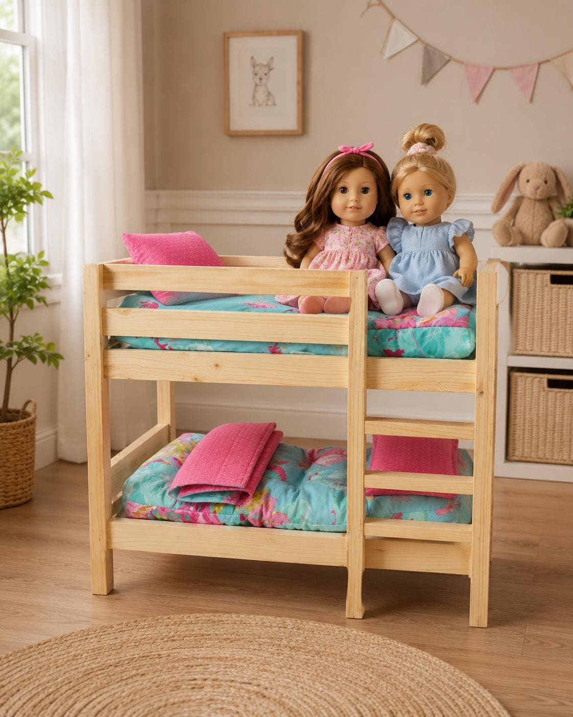 Lit Superposé Mini 1:12 Pour Maison De Poupée – Bois, 13,7×8,1×12 Cm – Accessoire Meublé Pour Poupées – Rose