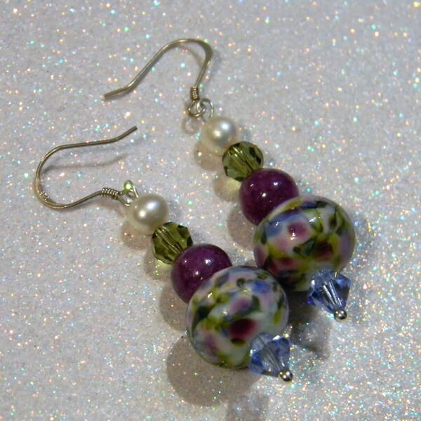 Monet Water Lily Art Glass Lampwork, Gemstone and Crystal Drop Earrings