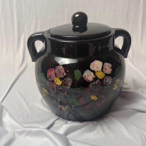 Vintage 1939 McCoy Black Bean Pot Cookie Jar with Lid - Hand-Painted Floral Cold Paint