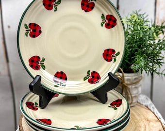 Vintage International China "Applejack" saladeborden van 7,75 inch (19,7 cm) - Set van 4 | Geruite appel boerderijstijl aardewerk