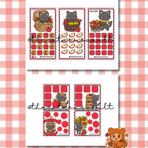 Puede incluir: Una hoja imprimible de descarga digital con seis rastreadores de ahorro rectangulares con ilustraciones de gatos negros y manzanas rojas. Cada rastreador incluye una cuadrícula de cuadrados o círculos rojos, con el texto "SAVE $16" y "@THESATURNSVAULT".