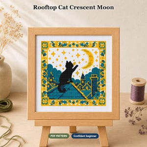 Rooftop Cat Crescent Moon Cross Stitch Pattern | PDF Digital Download