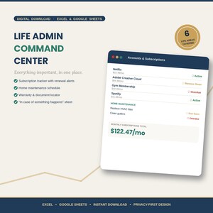 Excel-Vorlage für den Lebensverwaltungsordner, Haushaltszentrale, Abonnementverwaltung, Hausinstandhaltung, Notfallinformationen (Google Tabellen)