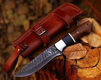 Premium Handmade Hunting Knife – High Carbon Steel Blade, Rosewood & Micarta Handle with Leather Sheath