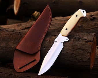 13-Inch Handmade Hunting Knife – High-Carbon Stainless Steel Blade, Camel Bone Handle & Leather Sheath