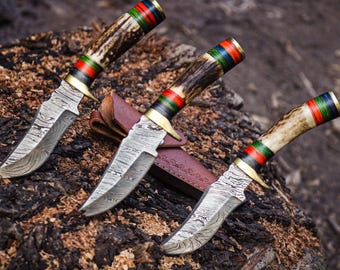 May include: Three fixed-blade knives with Damascus steel blades and brass bolsters. The handles feature textured antler sections accented with stacked red, green, and blue rings. A brown leather sheath is positioned behind the knives.