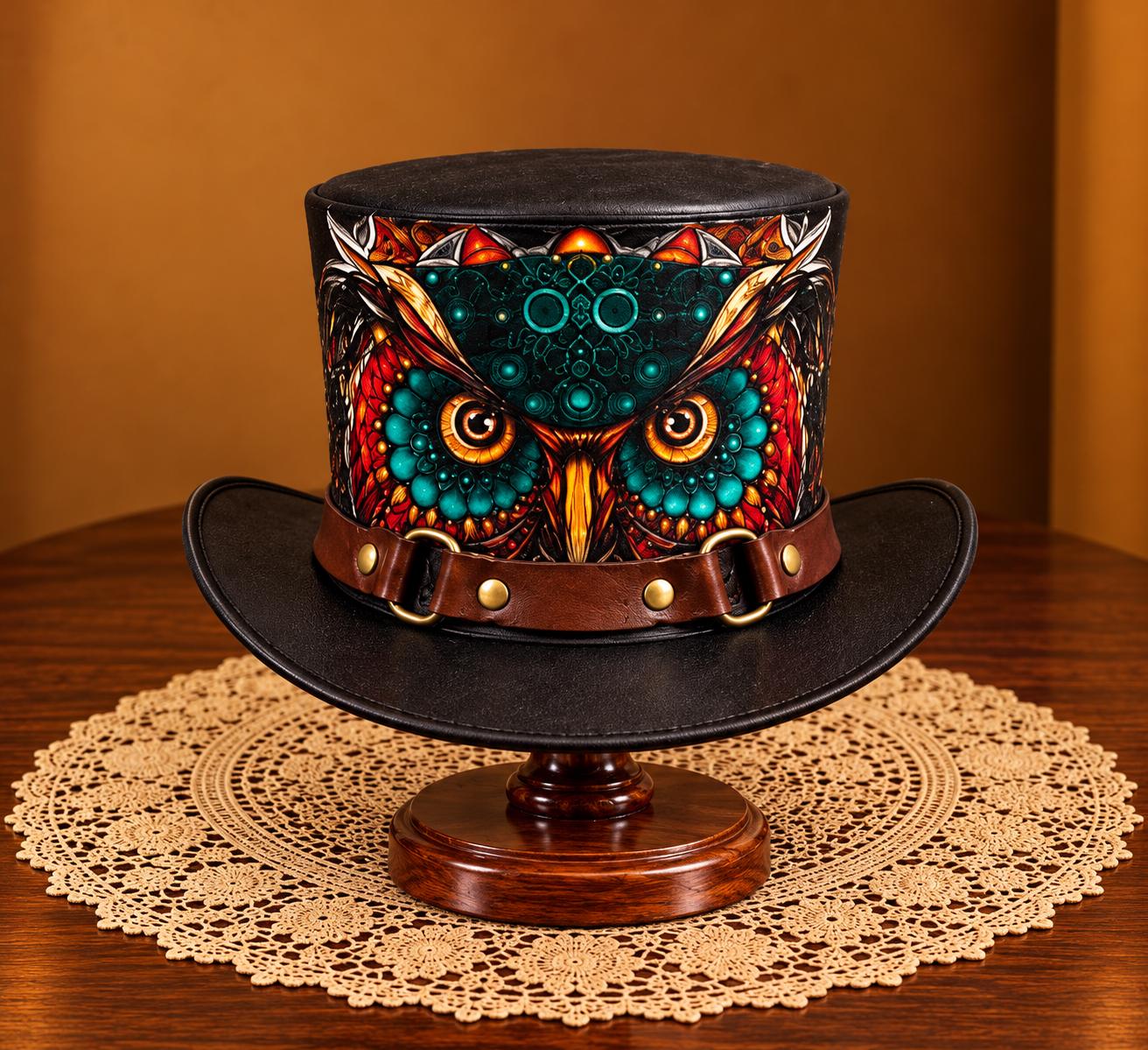 Steampunk Owl Top Hat Gothic Leather Costume Hat